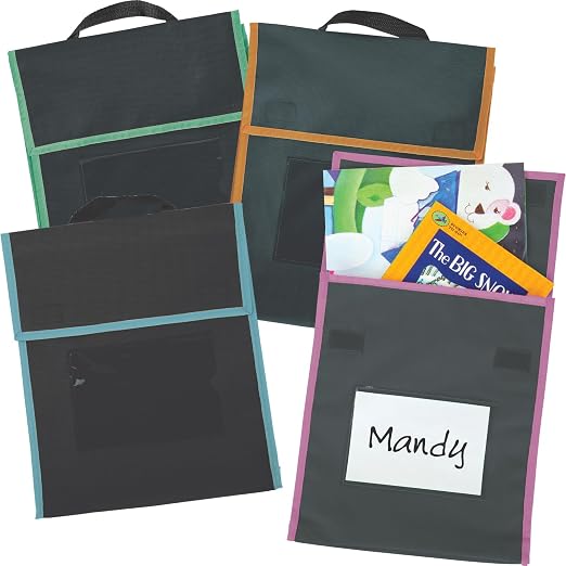 Really Good Stuff Store More Medium Book Pouches, 4-Pack, Black/Neon Trim | Ages 4+, PreK+, Stitched-on Handle, Clear Name Tag Pocket, Durable Fabric, Water Resistant, Send Home Books & Homework by ReallyGoodStuff