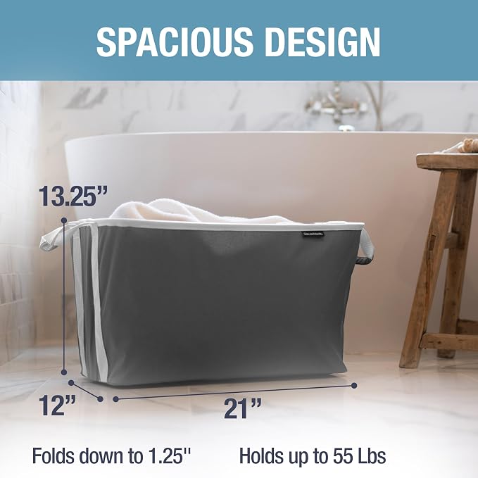 Collapsible Laundry Basket - Shadow Gray/Stone Gray (2PK) | Clear Floor Space Between Laundry Days | Each Basket Holds 55 lb, Stays Upright While Loading, and Folds to 1.25 Inches - Image 3