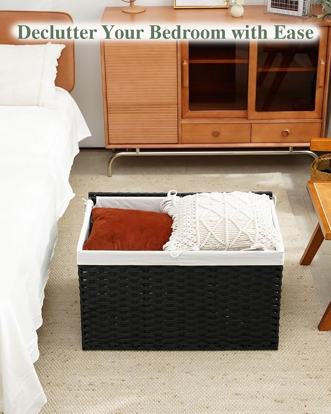 SETVSON Storage Basket with Lid Wicker Baskets for Storage, 160L Black | 42.3 Gallon Dual Lid Jumbo Blanket Storage Trunk, Divided Clothes Organizer, 2 Washable Liner Bags, Collapsible PE Rattan Bin - Image 7