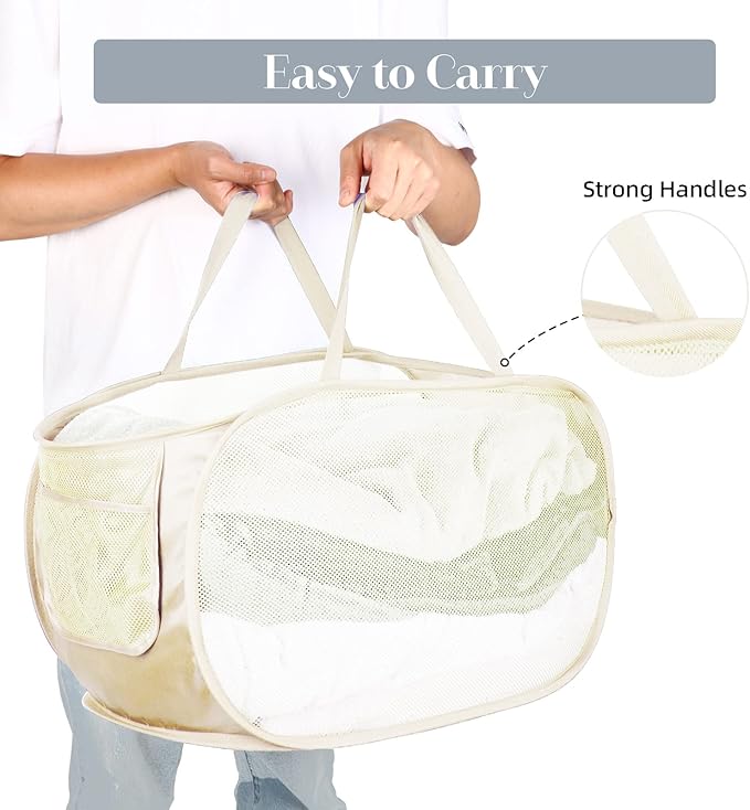 Durable Collapsible Laundry Baskets, Mesh Pop Up Laundry Hamper with Side Pocket, Foldable Clothes Storage Hamper with Reinforced Carry Handles for Laundry, Bathroom, Kids Room, Dorm or Travel Beige - Image 5