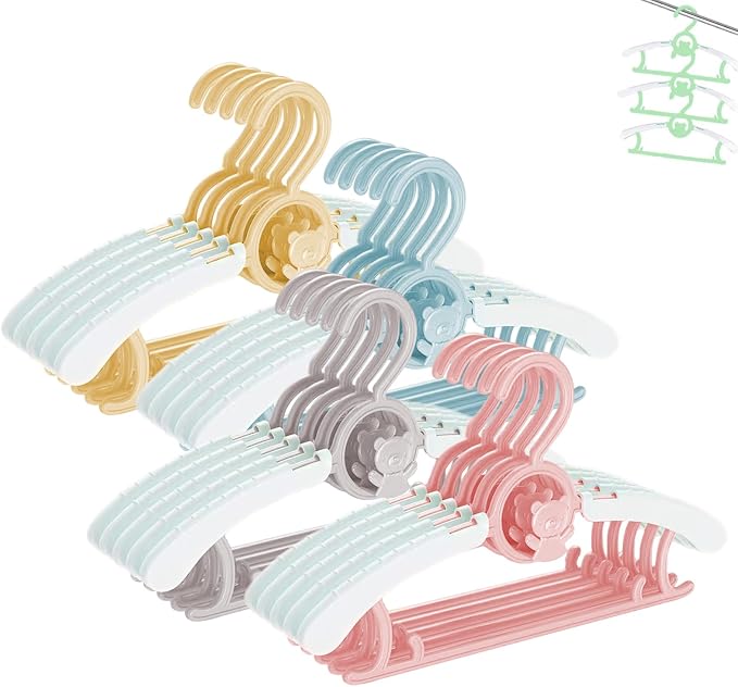 Baby Clothes Hangers 20 Pack, Plastic Kids Hangers Space Saving for Closet | Colourful Hanger for Toddler Girl and Boy, Lightweight Anti-Slip Cascading Padded Extendable Adjustable Pant Children Hangar by HGYZE