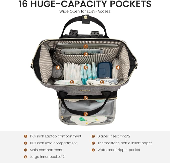 LOVEVOOK Diaper Bag Backpack, Baby Bag with Changing Station, Large Diaper Backpack for Mom Dads, Waterproof Leather Mommy Bag for Boy and Girl, Travel Essential Baby Shower, Black-Grey - Image 2