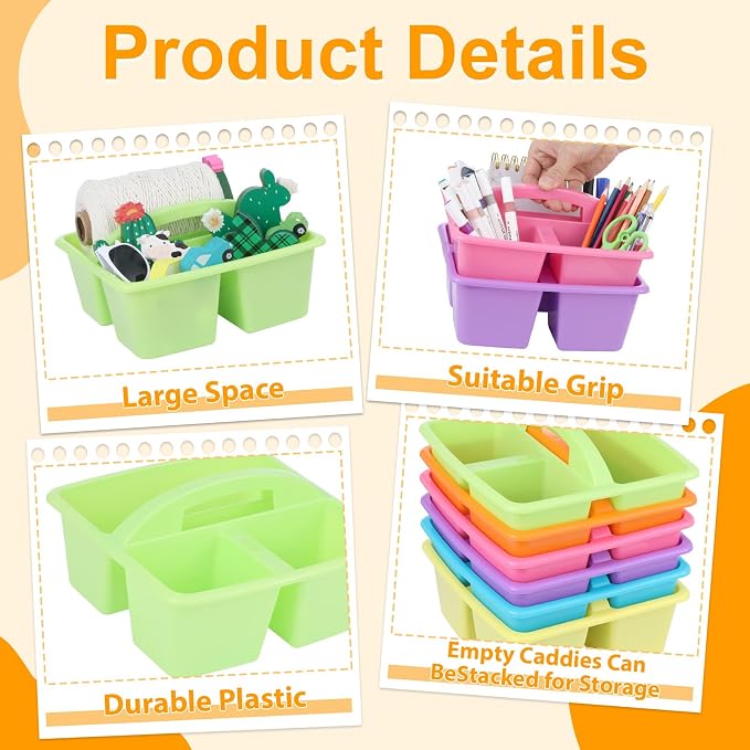 6 Pack Classroom Caddy with Handle Plastic Storage Caddy Organizer with 3 Compartments Desk Caddies Holder Portable Storage Bin for Pencil, Crayon, Marker, Home, Office, School Supply(Colorful) - Image 3