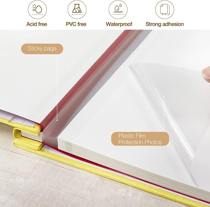 potricher Large Self Adhesive Photo Album 40 Pages, Linen cover, Yellow | Photo Album Self Adhesive 4x6 5x7 8x10 Pictures, Linen Cover DIY Scrapbook Albums for Family, Wedding, Baby, Anniversary - Image 4
