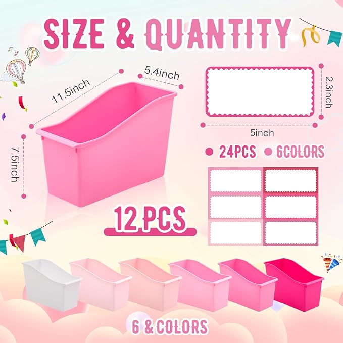 Geetery 12 Pcs Book Bin for Classroom with Labels Stackable Plastic Organizing Bins 11.5 x 5.4 x 7.5 in Book Holders Storage Bins Box Baskets for Classroom Library Home (Pink Color Series) - Image 2