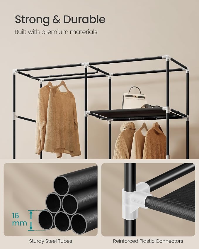 SONGMICS Portable Closet, Fabric Wardrobe, Clothes Rack with Shelves, Pockets, Large Capacity, 3 Hanging Rods, 50 x 17.7 x 70.9 Inches, Black URYG010BZ02 - Image 4