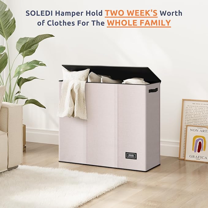 SOLEDI Large Laundry hamper 3 Section with Laundry Bag, XL Clothes Basket | 3-Section Large capacity Laundry Sorter with Odor-Blocking Lid, Robust Iron Frame & Waterproof 600D Fabric, 3 Washable Bags - Image 7