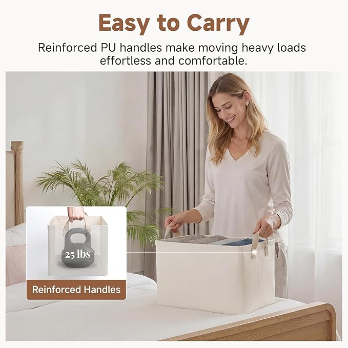 StorageWorks Fabric Storage Bins, Closet Organizer Bins, Beige, 2-Pack | With PU Handles, Wrinkle-Resistant Cottlyn Fabric, Foldable, For Bedroom, Bathroom, Laundry, Holds Clothes, Towels, Blankets - Image 4