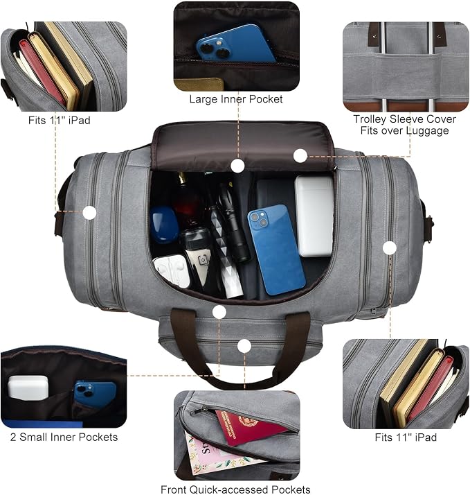 Litvyak 50L Canvas Duffle Bag for Travel Weekender Gym Overnight Carry-on | Expandable, Eco Certified, Leather Accents, Toiletry Bag Inclued, Travel Weekend Luggage Sports Duffel Bag for Women Men - Image 4