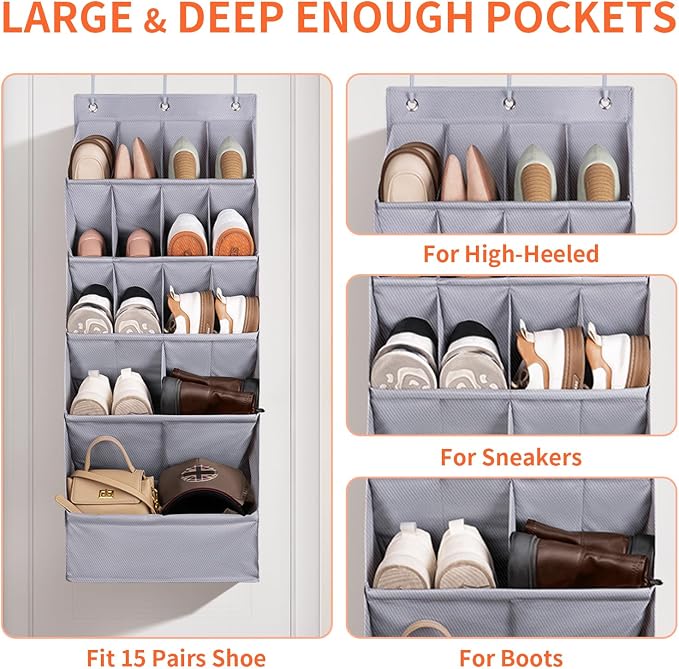 FENTEC 1 Pack Over-the-Door-Shoe-Organizers, Hanging Organizer Large Pocket | Shoe Holder Hanging Shoe Rack for Closet Shoe Organizer for Wall, Over Door Organizer with 15 Pockets for Boot, Sneaker, Gray - Image 4