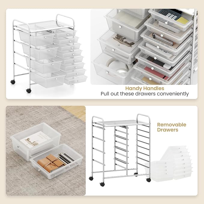 RELAX4LIFE 12-Drawer Rolling Storage Cart - Mobile Utility Drawer Carts with Wheels, Craft Organizers Cart for Organization and Storage, Classroom, School, Office, Home - Image 4