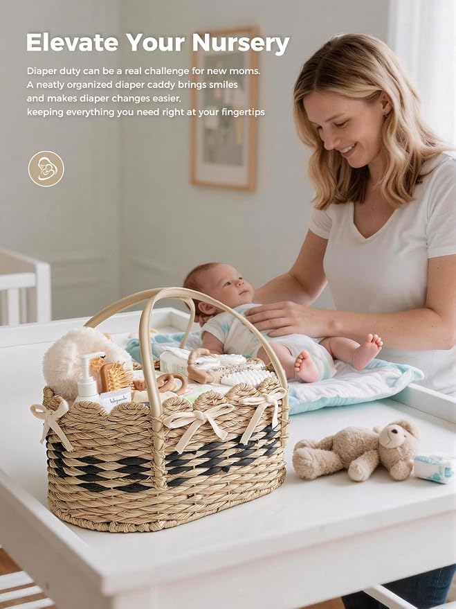 Large Diaper Caddy Organizer, Handwoven Natural Seagrass Basket with 5 Compartments, Scalloped Wicker Changing Table Organizer (Natural, XXL) - Image 6