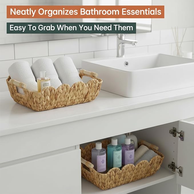 Coeusy Gift Basket, Cute Wicker Basket for Gifts, Scalloped Woven Water Hyacinth Storage Basket with Wooden Handles for Snack, Display, Shelves, 2 Pack - Image 5