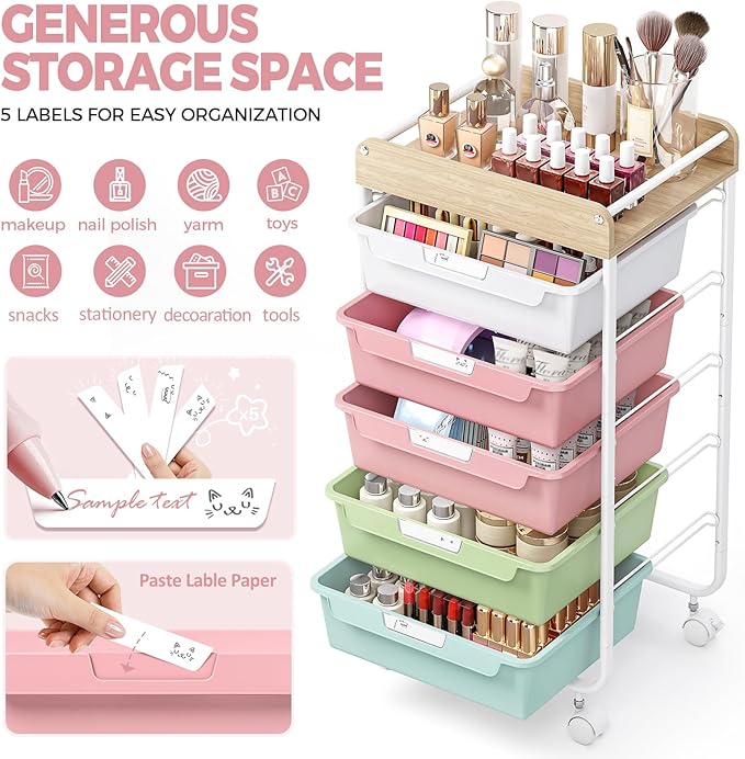 SYKIARIOL Rolling Storage Utility Cart with 5 Drawers,Colorful | Craft Cart with Wheels,Makeup Organizer,Art Supply And Storage Wooden Tabletop - Image 4