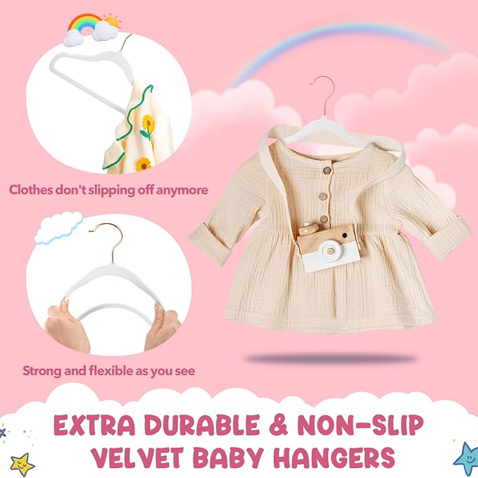 HOUSE DAY Velvet Baby Hangers for Closet, Kids Hangers Velvet 60 Pack | White Non Slip Toddler Hanger 11.8 Inch, Durable Childrens Hanger for Newborn Baby Clothes +360° Swivel Rose Gold Hook - Image 4