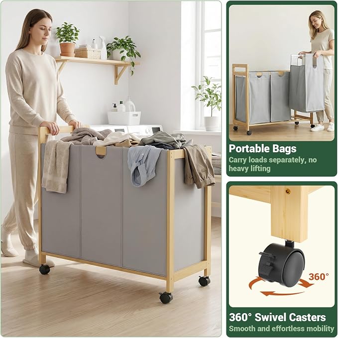 250L Laundry Sorter Cart with Wheels, 3-Section Rolling Laundry Basket with Removable Bags, 66 Gal Large Laundry Hamper Organizer, Heavy Duty Bamboo Frame, Water-Resistant, Grey - Image 5