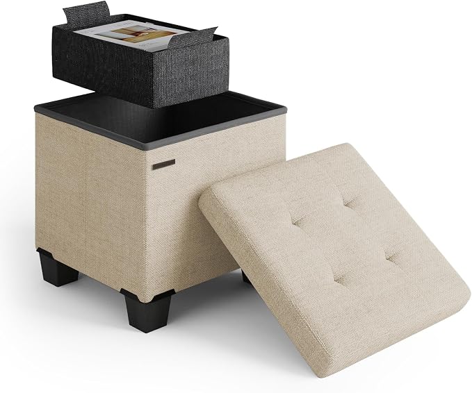 Storage Ottoman Cube with Small Bin, 15-in Square Ottoman with Storage for Living Room and Bedroom, Small Ottomans Foot Rest, Fabric Foot Stools Ottomans Max 330lbs, Beige by STORAGEBUD