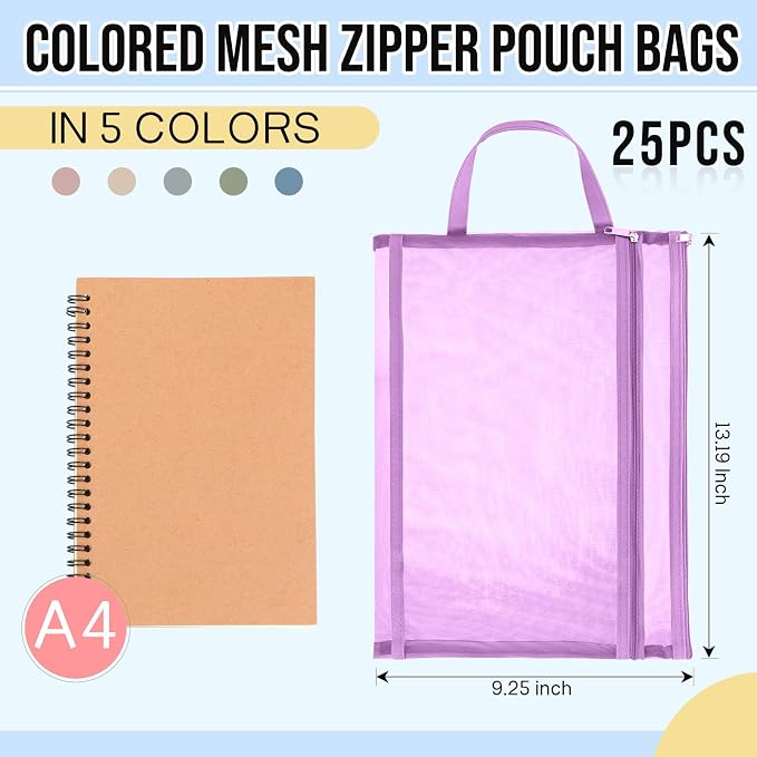 25 Pack Colored Mesh Zipper Pouch Bags Double Layer Nylon Puzzle Bags A4 Zipper Pouch with Handle for Toy Organizer Storage School Office (Purple, Blue, Watermelon Red, Yellow, Rose Red) - Image 2
