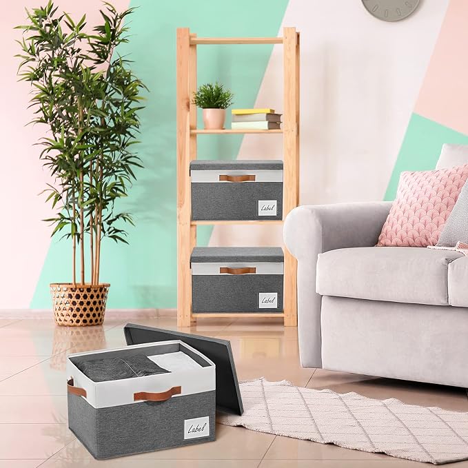 GhvyenntteS Storage Bins with Lids 3 Pack, Large Storage Baskets with Lids and Label, Foldable Fabric Storage Boxes with 3 PU Handles for Organizing Shelves Home Nursery Office (Grey, 15x11x9.6) - Image 5