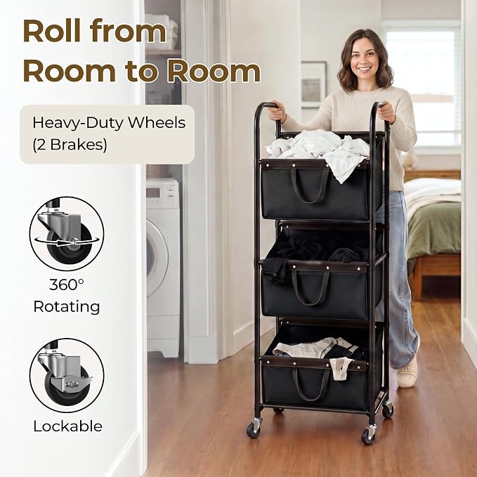 GRANNY SAYS 3 Tiered Laundry Sorter, Narrow Hamper Cart with Wheels | Sturdy 3 Section Laundry Basket with Wheels, Vertical Black Hamper Cart for Bedroom, Bathroom, Apartment - Image 5