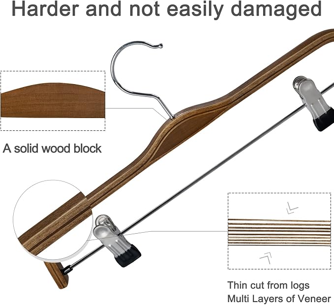 TOPIA HANGER Wooden Pants Hangers,Slim Natural Wood Skirt Hangers with Anti-Rust Hook and Adjustable Metal Clips, Perfect for Skirts,Pants,Slacks-10 Pack-CT17A - Image 4