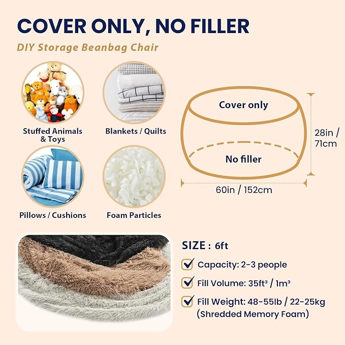 Bean Bag Cover (No Filler), Faux Fur Beanbag Chairs Covers Only, Stuffed Animal Storage Bean Bag, Giant Washable Beanbag Cover Without Filling, 6FT, Black - Image 7
