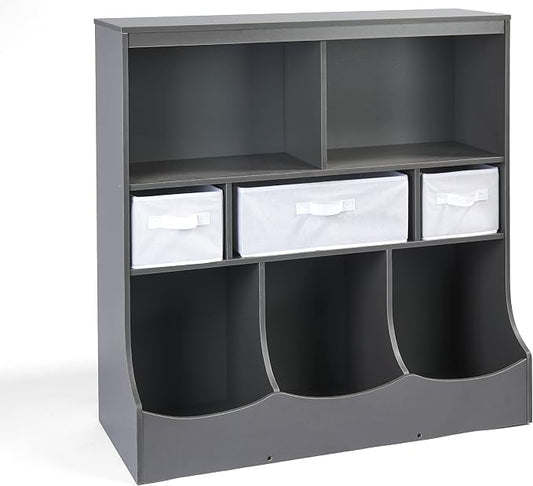 Badger Basket Combo Bin Toy Storage Unit and Book Shelf for Kids with 3 Baskets - Charcoal | Kids storage organizer with 3 removable baskets, open shelves, and top display surface for toys and books by BadgerBasket