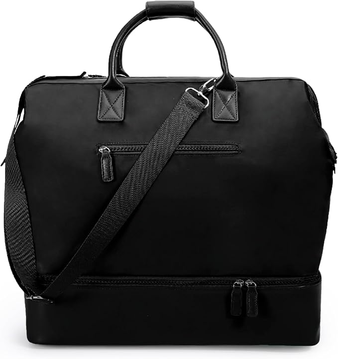 Nobl Travel Weekender Bag for Women & Men, Large Carry-On Duffel, Jet Black | Leather Overnight Tote with Trolley Sleeve, Separate Shoe Compartment & Laptop Pocket for Airplane, Gym & Road Trips by NOBL
