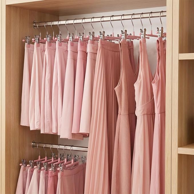 POZEAN Pants Hangers with Clips for Women 50 Pack, 12Inch Adjustable Heavy Duty Skirt Hangers, Space Saving Non-Slip Shorts Jeans Trousers Clothes Hangers, Pink - Image 2