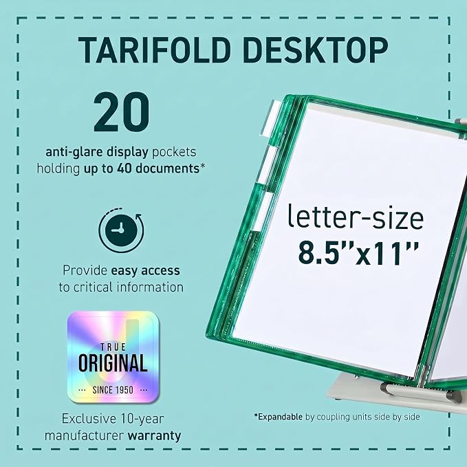 Tarifold Desktop Reference Display System, 20 Pockets, Expandable, Green | 20 Double-Sided PVC Pockets, Holds 40 Letter-Size Sheets, Sturdy Metal Base, Quick-Find Indexing, Quick and Easy to Assemble - Image 2