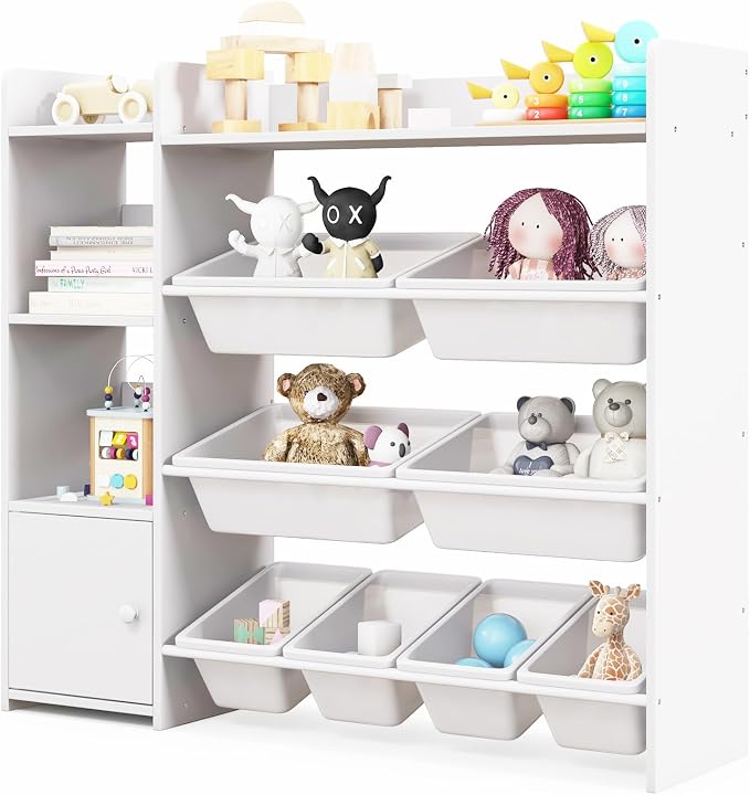 Costzon Kids Toy Storage Organizer, 4-Tier Bookshelf Storage Cabinet w/8 Removable Bins, Preschool Children's Montessori Bookshelf w/Large Cabinet for Playroom, Daycare, Kids Room, Classroom - Image 9