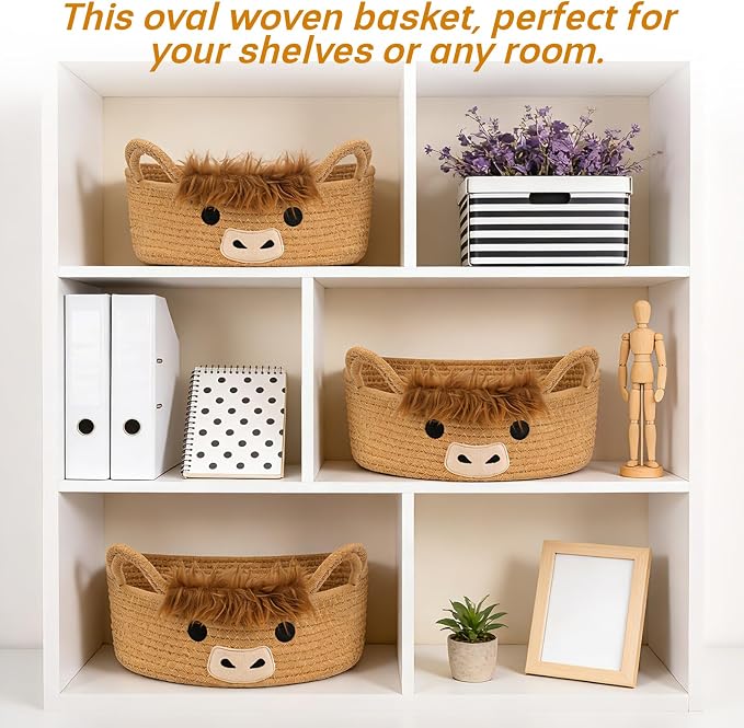 3 Pcs Oval Highland Cute Cow Basket for Nursery,Woven Rope Gift Basket | Soft Cotton Decorative Storage for Gifts Empty, Baby Shower Blanket 0rganizer Shelves Towel Bins, 12" D x 5" H - Image 4