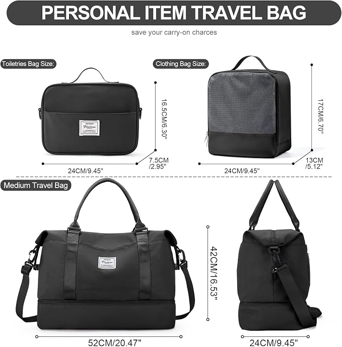 Weekender Bags for Women,Travel Duffle Overnight Bag with Shoe Compartment,Personal Item Carry On Bag,3 Pcs Set,Medium(Black) - Image 4
