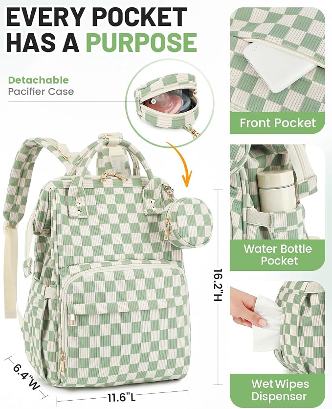 Corduroy Diaper Bag Backpack, Large Capacity Multifunction Baby Diaper Bags for Women, Insulated Bottle Pockets & Pacifier Case, Stylish Travel Nappy Changing Bags for Mom Dad (Checkered Green) - Image 5