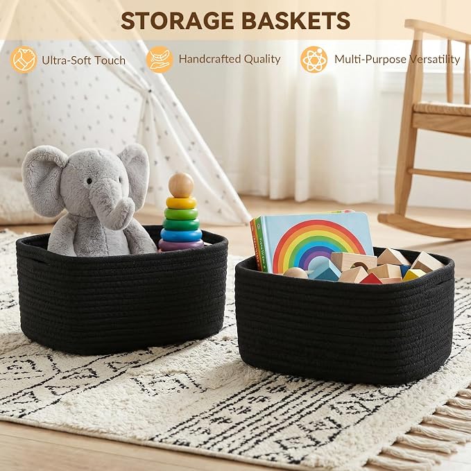 10 Pack Black Small Woven Baskets for Organizing, 11.5"x7.5"x4.7" Cotton Rope Storage Bins, Sleek Empty Gift Baskets for Modern Home, Office, Bathroom Shelf & Closet Organization - Image 5