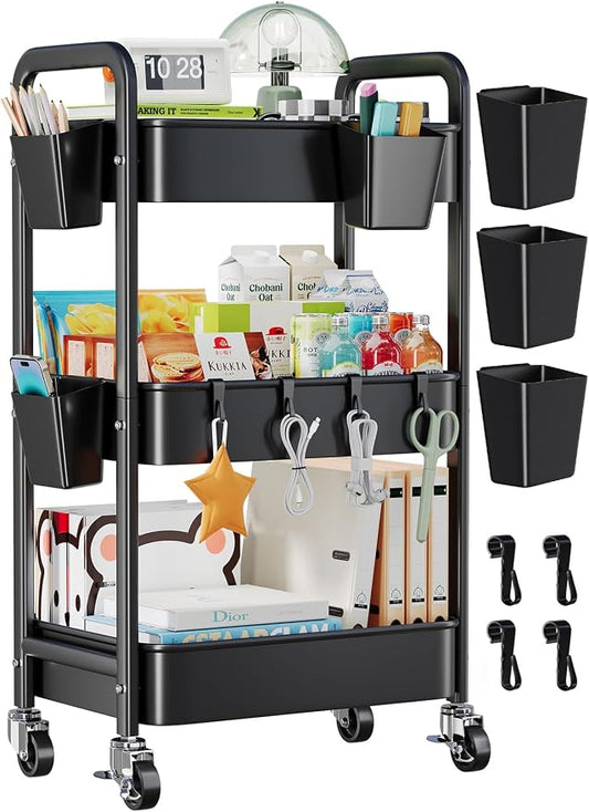 3 Tier Rolling Cart with Lockable Wheels, Metal Diaper Caddy Cart Organizer for Baby Essentials, Black Storage Utility Cart for Craft, Snack, Rolling Carts with Wheels for Lash Techs, Art, Bathroom by Unknown