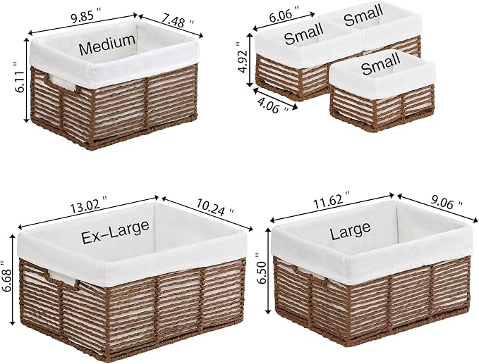 Wicker Storage Basket, 6 Pack Baskets for Organizing, Wicker Baskets with Handle, Rectangular Woven Basket for Storage Shelves, Cube Storage Bins for Closet/Clothes/Dresser, Brown - Image 2