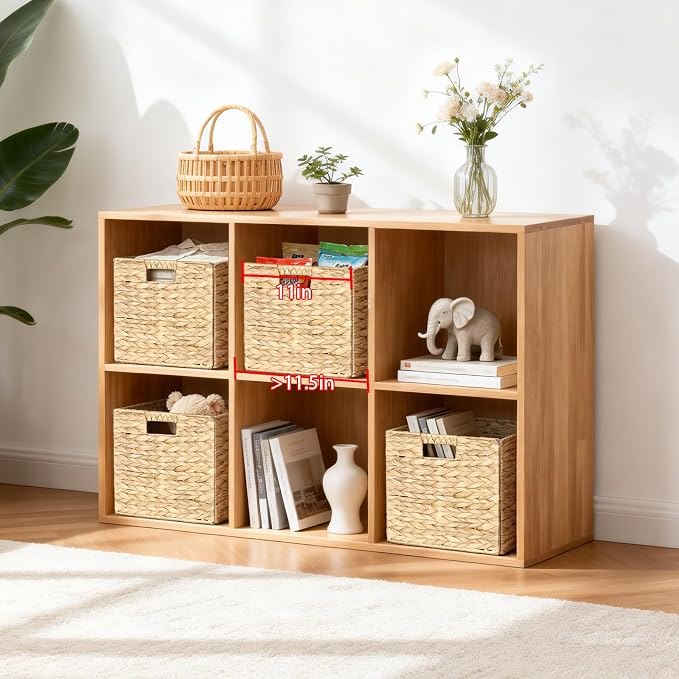 Rectangular Storage Baskets 13x11in, 4 Pack Water Hyacinth Wicker Bins with Handles, Foldable Natural Organizer for Shelves Kitchen Closet, Handwoven Storage Cubes - Image 6