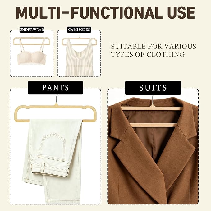 Pants Hangers Non Slip - 20 Pack Velvet Hangers for Closet - Thin Space Saving Clothes Hanger - Strong, Durable, Perchas Terciopelo with 360° Rotatable Hook for Jean, Tank Top, Bra, Shorts (Beige) - Image 3
