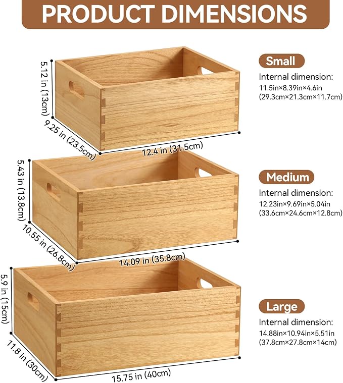 KIRIGEN Nesting Wood Crates with Handles, Set of 3 Storage Boxes Natural | 3 Different Size Decorative Box Organizer for Towels, Books, Crafts Fully Assembled - Image 6
