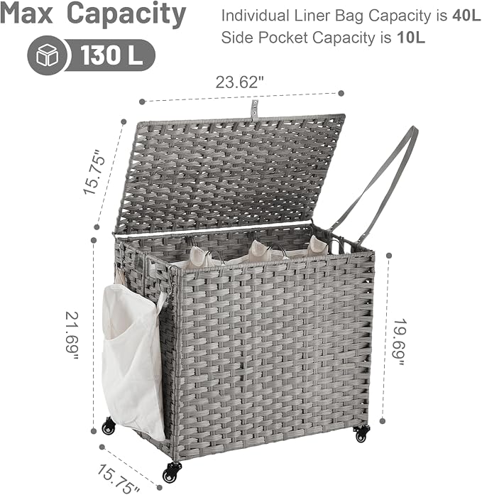 Laundry Hamper with Wheels, 34.3 Gallon(130L) Rolling Laundry Basket with Lid, 3-Section Rattan Clothes Hamper with 3 Removable Liner & 3 Mesh Bags, Laundry Sorter with Side Pocket, Grey - Image 4