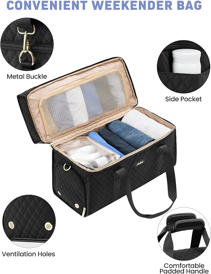 Weekender Travel Duffle Bag for Women: Overnight Bags with Shoe Compartment Carry on Bags for Airplanes with Toiletry Bag Weekend Yoga Gym Bag with Wet Pocket Travel Duffel Tote Bag Hospital Bag Black - Image 6