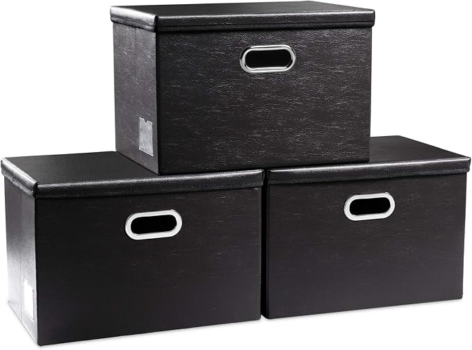 Large Foldable Storage Bins with Lids [3-Pack] Leather Fabric Collapsible Storage Boxes Organizer Containers Baskets Cube with Cover for Home Bedroom Closet Office Black(17.7x11.8x11.8) by Prandom