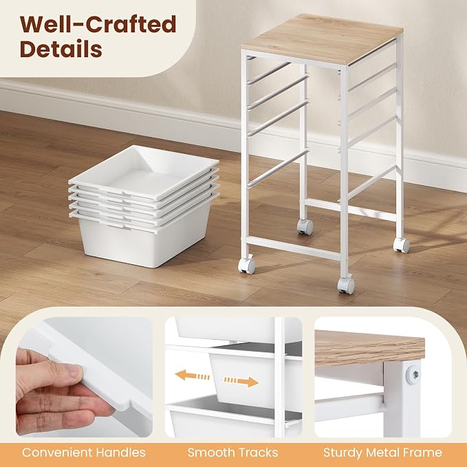 Giantex Rolling Storage Cart with 5 Drawers, Utility Cart w/Wooden Tabletop, Lockable Wheels, Multipurpose Organizer for Art Craft Books Paper, Drawer Carts for Dorm Classroom Office, White - Image 9