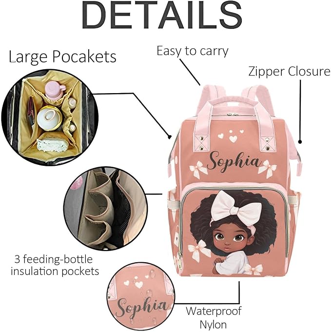 Personalized Africa Girl Diaper Bag Backpack with Custom Name – Waterproof Multi-Pocket Baby Nappy Bag for Moms and Dads – Large Capacity Travel Backpack & Shower Gift for Baby - Image 5