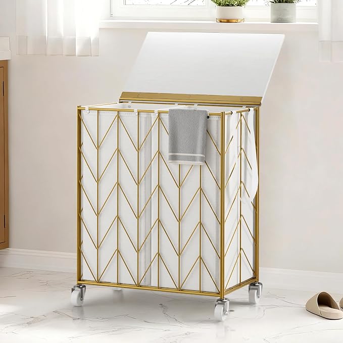 WOWLIVE Double Laundry Hamper with Lid, Rolling Laundry Basket with Wheels | Rolling Wire Clothes Hamper with Divided Removable Bags, Heavy Duty Large Iron-Made Laundry Sorter Laundry Room Organization - Image 4