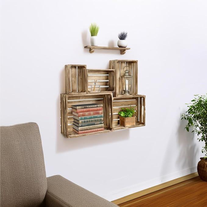 5-Piece Rustic Burnt Brown Wooden Crates Set, Wall Mountable Slatted Storage Crates with Handles, Farmhouse Wooden Crates for Display & Organizer for Home Decor - Image 6