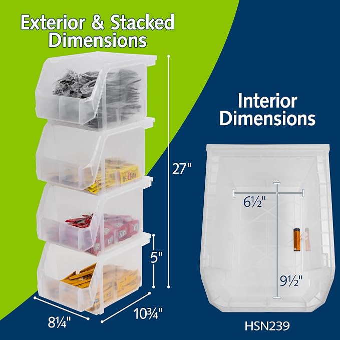 Medium-Tall Stackable Plastic Storage Bins, 4-Pack, Clear | Open-Front Stackable Bins For Garage, Pantry, Closet & Office, 7"L X 11"W X 8"H, Nests When Empty, Durable Plastic - Image 2
