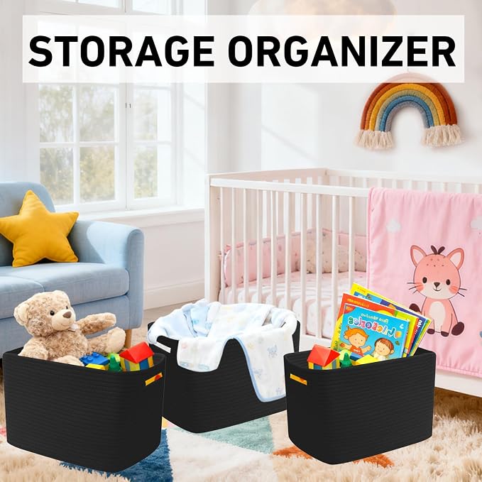 3 Pack Woven Baskets,Storage Baskets for Shelves with Handles | 13.5"×11"×9.5",Closet Baskets,Gift Basket,Nursery Organizer for Toys Towels Books,Storage Bin for Living Room Bedroom-Black - Image 4