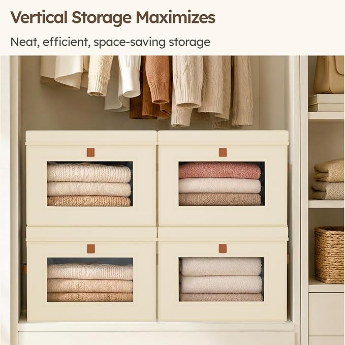 Storage Bins with Lids - Front Opening Storage Box with Clear Window & Handles, Stackable Foldable Fabric Bins for Closet Organization, Clothes, Sweaters, Towels, Blankets, 4 Pack, Beige - Image 4